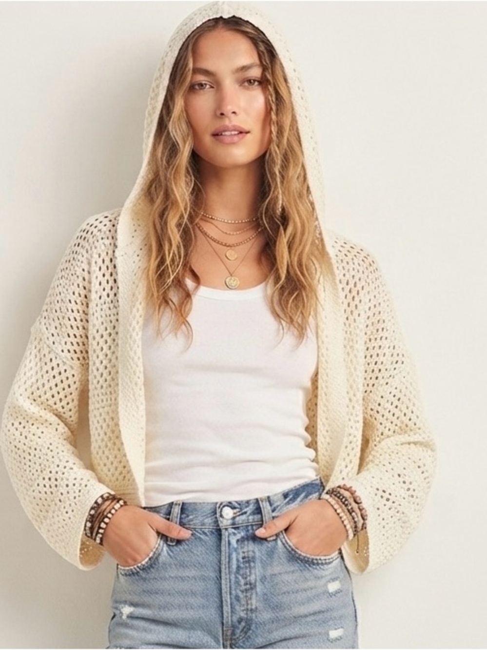 Derek Heart Cream Open-Knit Hooded Crop Sweater 🤍✨